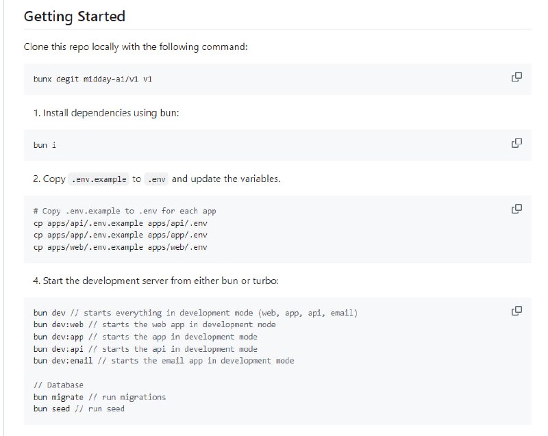 Midday AI v1：基于Midday的开源启动套件，专注于代码重用和最佳实践，为构建生产就绪的SaaS提供一切所需，包括Next.js框架、Turborepo构建系统、Biome代码检查、TailwindCSS样式、Shadcn UI组件、TypeScript类型安全、Supabase身份验证和数据库等Midday AI v1：基于Midday的开源启动套件，专注于代码重用和最佳实践，为构建生产就绪的SaaS提供一切所需，包括Next.js框架、Turborepo构建系统、Biome代码检查、TailwindCSS样式、Shadcn UI组件、TypeScript类型安全、Supabase身份验证和数据库等
