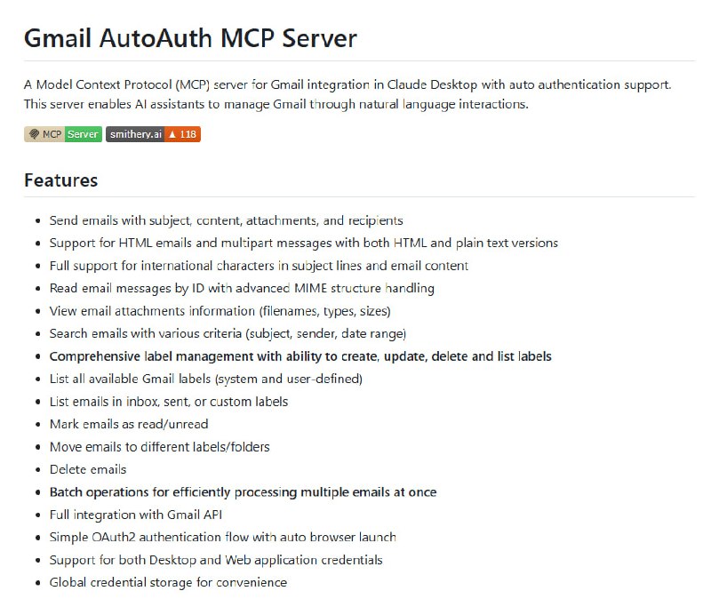 Gmail-MCP-Server：让AI助手通过自然语言管理Gmail的MCP服务器 自动认证，一键搞定登录；支持批量操作，高效处理邮件；全面支持国际字符，无障碍处理多语言邮件Gmail-MCP-Server：让AI助手通过自然语言管理Gmail的MCP服务器 自动认证，一键搞定登录；支持批量操作，高效处理邮件；全面支持国际字符，无障碍处理多语言邮件
