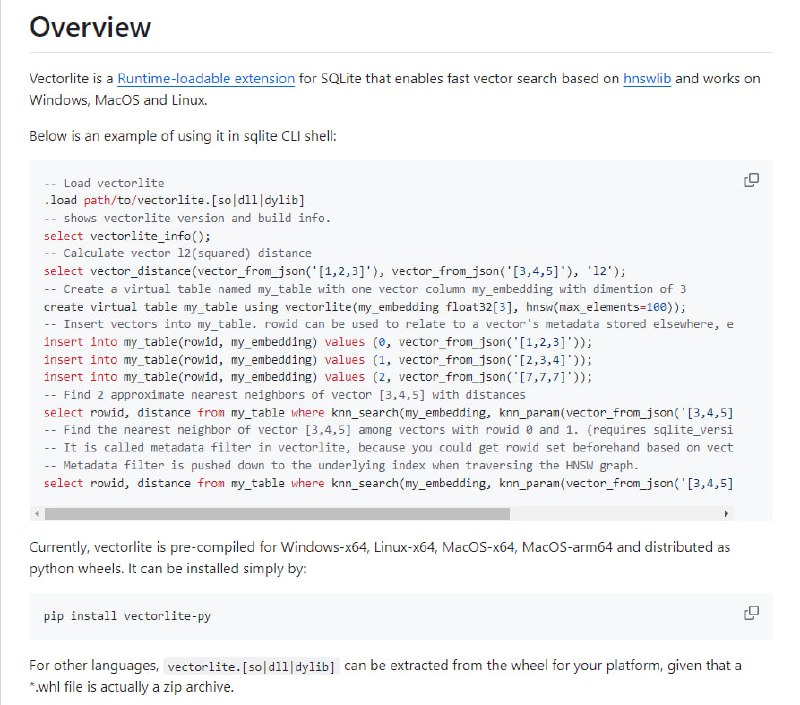 VectorLite：SQLite的快速可调向量搜索扩展，基于hnswlib实现，支持跨平台使用