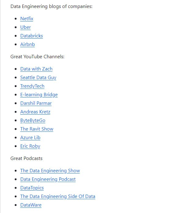 数据工程手册，汇总了成为数据工程师需要学习的各种学习资源，包括书籍、网络社区、开源项目、优秀视频教程、频道、播客等，为数据工程师提供一个全面和系统的学习路径