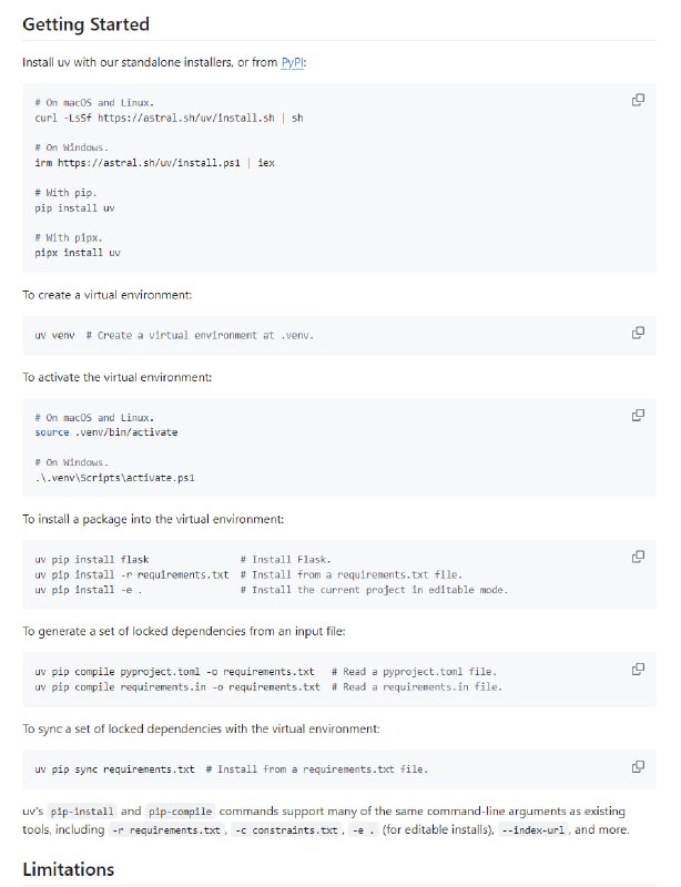 uv：用Rust写的极快的Python软件包安装器和解析器，uv具有许多突出特点，包括与常见pip、pip-tools和virtualenv命令的即插即用替代、速度快、磁盘空间利用率高、支持高级功能等