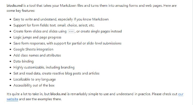 blocks.md：将Markdown文件转化为出色的表单和网页，支持表单字段、逻辑跳转、数据绑定和本地化，具有高定制性和内置的无障碍功能blocks.md：将Markdown文件转化为出色的表单和网页，支持表单字段、逻辑跳转、数据绑定和本地化，具有高定制性和内置的无障碍功能