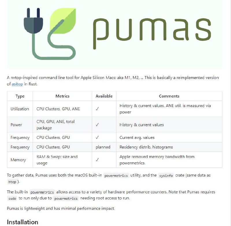 pumas-苹果芯片功耗监控工具：为M1、M2等苹果芯片Mac设计的命令行工具，灵感来源于nvtop，用Rust语言重新实现 | #工具