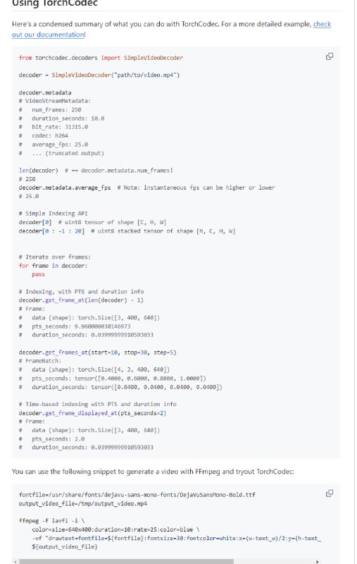PyTorch视频解码工具，提供简单快速的API将视频帧解码为PyTorch张量，便于机器学习模型处理