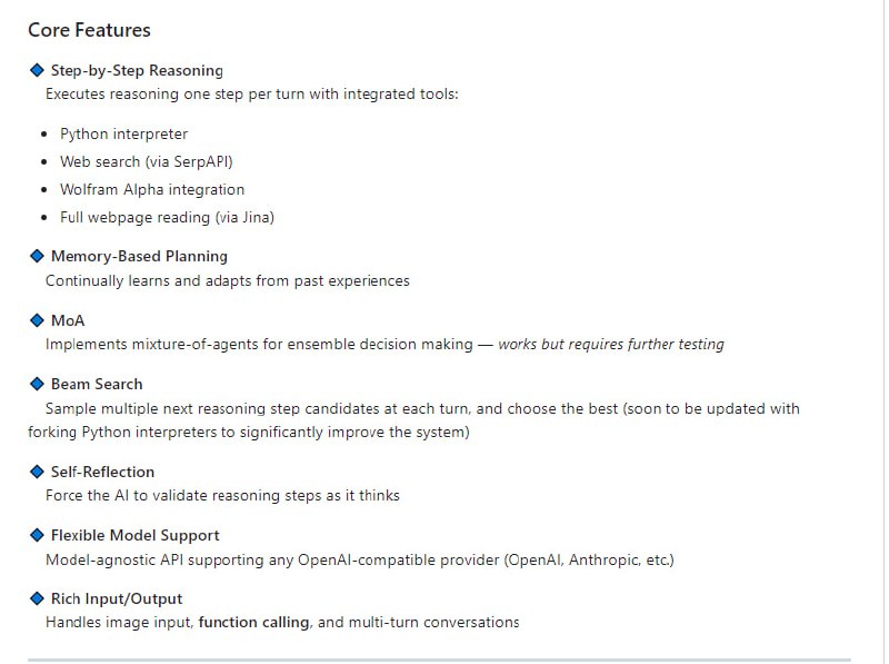 一个开源的AI推理引擎框架，支持多种强大功能：逐步推理、基于记忆的规划、多智能体混合决策、束搜索、自我反思等
