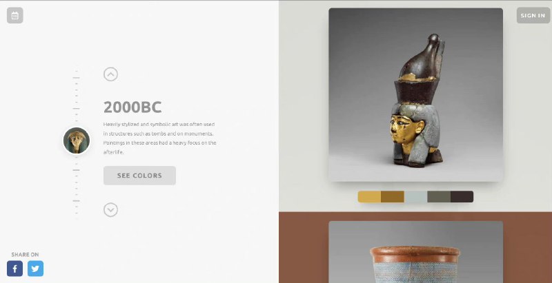 从历史和古典作品中提取的配色，一些富有时代特征的配色参考一个配色参考的网站，这个站点所有的配色都是从不同年代的经典作品中提取出来的，你甚至可以选择不同的时间段来找到你可能要的“年代感”，虽然色卡不多