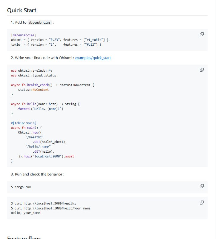 Ohkami-rs/ohkami：为Rust开发者提供直观且声明式的Web框架支持多种运行时（如tokio、async-std等），灵活适配不同需求；提供极快的性能，支持无网络测试；高度集成OpenAPI文档生成，确保开发效率与规范性