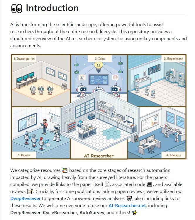 Awesome-AI-Scientist：为AI科学家、研究人员和工程师提供一站式研究资源导航汇集了超过500篇AI研究论文和工具；涵盖从知识构建到论文写作的全流程AI辅助；提供多个研究自动化基准测试和社区讨论平台