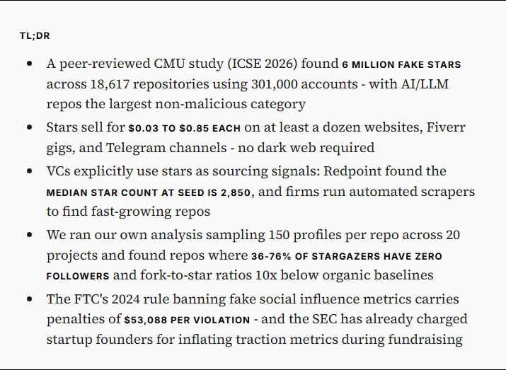GitHub 不再纯粹：虚假星标正在误导程序员与风投 | blog一项研究揭露了 GitHub 上存在约 600 万颗假星，这些指标正被有组织地用于欺骗风投
