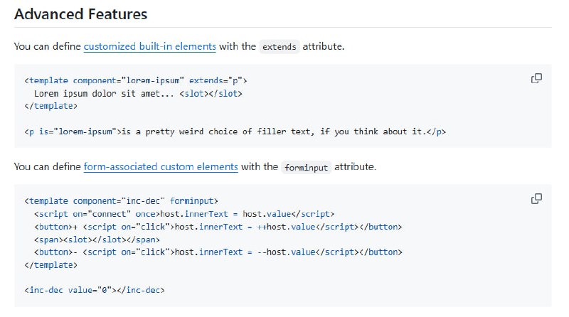 Facet：单文件声明式 Web Components 库，极简但功能强大，专注结构与行为，无需繁琐 JS 样板代码  • 通过 <template component> 定义组件，自动注册为 Custom Elements，兼容 Shadow DOM（支持 open/closed/none 模式）  • 支持属性观察与继承，属性变化自动触发事件与内部更新，灵活映射与过滤属性值（内置局部 JS 函数过滤器）  • 行为定义基于 <script on> 事件绑定，支持生命周期钩子（connect、disconnect、attributeChanged 等）与魔法变量（this、host、root、event）  • 提供 mixin 机制，轻松复用组件逻辑，支持全局及内容前置，提升代码复用与维护效率  • 支持自定义内置元素（extends）、表单关联元素（forminput）、命名空间前缀配置及自动发现控制，灵活满足多场景需求  • 纯前端轻量级，无构建依赖，源码带 JSDoc 注释，兼顾简单易用与类型安全，适合所有追求声明式开发的前端工程师  • 社区评价极高，深刻改变了开发者对 Web Components 的理解与使用方式Facet：单文件声明式 Web Components 库，极简但功能强大，专注结构与行为，无需繁琐 JS 样板代码  • 通过 <template component> 定义组件，自动注册为 Custom Elements，兼容 Shadow DOM（支持 open/closed/none 模式）  • 支持属性观察与继承，属性变化自动触发事件与内部更新，灵活映射与过滤属性值（内置局部 JS 函数过滤器）  • 行为定义基于 <script on> 事件绑定，支持生命周期钩子（connect、disconnect、attributeChanged 等）与魔法变量（this、host、root、event）  • 提供 mixin 机制，轻松复用组件逻辑，支持全局及内容前置，提升代码复用与维护效率  • 支持自定义内置元素（extends）、表单关联元素（forminput）、命名空间前缀配置及自动发现控制，灵活满足多场景需求  • 纯前端轻量级，无构建依赖，源码带 JSDoc 注释，兼顾简单易用与类型安全，适合所有追求声明式开发的前端工程师  • 社区评价极高，深刻改变了开发者对 Web Components 的理解与使用方式