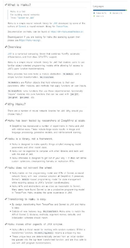 Haiku：DeepMind发布的基于JAX的神经网络库，允许用户使用熟悉的面向对象程序设计模型，可完全访问JAX的纯函数变换