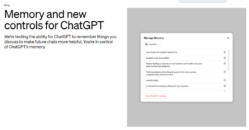 OpenAI为ChatGPT和GPTs增加记忆能力 | blogOpenAI正在测试ChatGPT的记忆能力，使其能够记住用户的讨论内容，从而提高未来聊天的有效性，用户可以控制ChatGPT的记忆