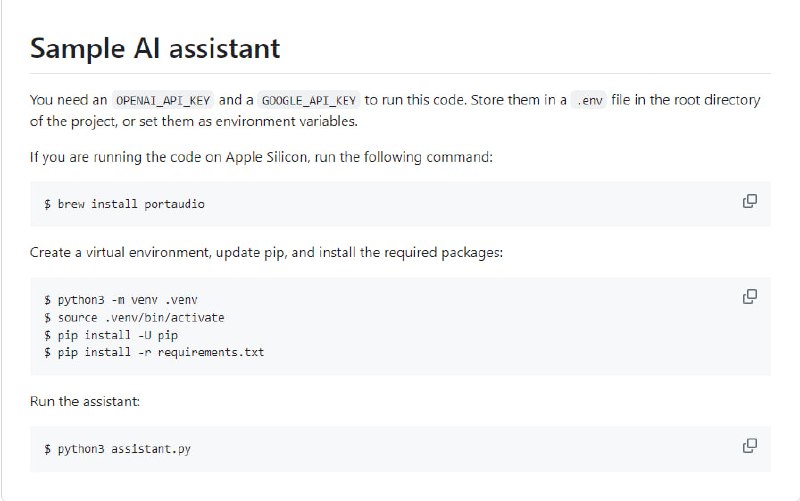 Sample AI assistant-Alloy语音助手：集成了OPENAI和GOOGLE API的AI语音助手，提供虚拟环境配置和依赖包安装指南，支持快速部署和运行