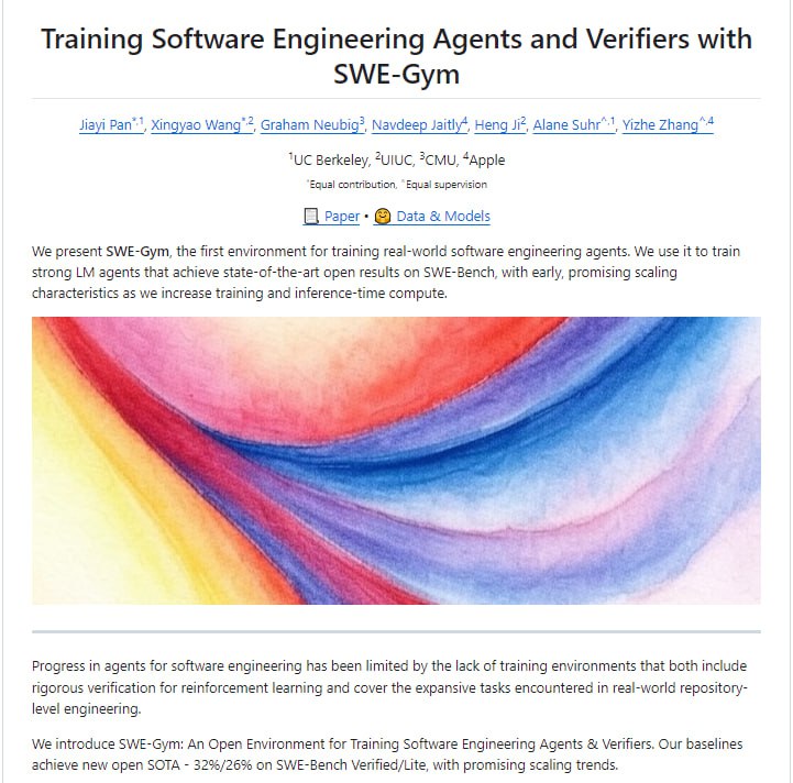 SWE-Gym软件工程训练场：首个用于训练现实世界软件工程智能Agent的环境，提供真实任务、代码库上下文、可执行环境和测试验证，助力提升软件开发效率