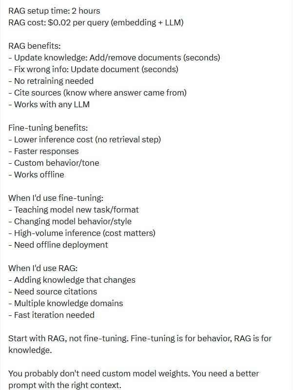 Branko 分享了将公司知识整合进大语言模型（LLM）的实践经验：帖子起初，他尝试用5000份公司文档微调Llama 2模型：- 训练耗时6小时，花费450美元GPU实例- 模型获得了公司事实知识- 但存在“幻觉”问题（生成错误变体）- 每次更新知识都需重新训练，成本高且耗时随后，他转向RAG（检索增强生成）方案：- 用OpenAI做文档向量嵌入，存入pgvector数据库- 查询时先检索相关文档，再结合问题输入LLM生成答案- 配置时间仅2小时，成本约0.02美元/查询- 好处明显：知识更新快（秒级添加/修改文档），无需重新训练，能标注答案来源，适配任何LLM微调的优势：- 推理成本低，无检索步骤，响应快- 可定制模型风格和行为- 支持离线部署适用场景对比：- 微调：需教模型新任务或风格，高频推理且离线需求强时用- RAG：知识动态变化、多领域、需快速迭代及来源追踪时用总结建议：先用RAG解决知识更新问题，再用微调调整模型行为
