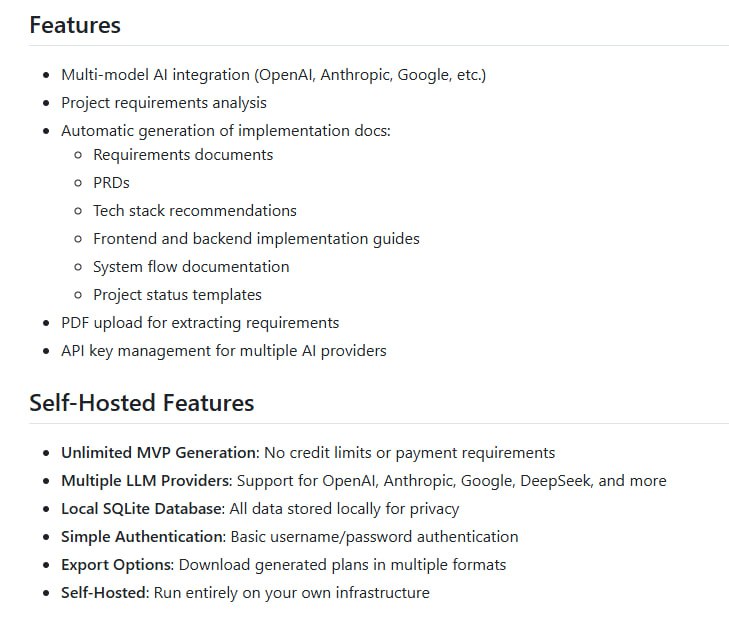 CreateMVP：秒级生成全栈项目原型与实施方案的开源AI平台  • 集成多模型AI（OpenAI、Anthropic、Google Gemini等），支持多厂商API密钥管理与本地SQLite数据库存储，保障隐私安全