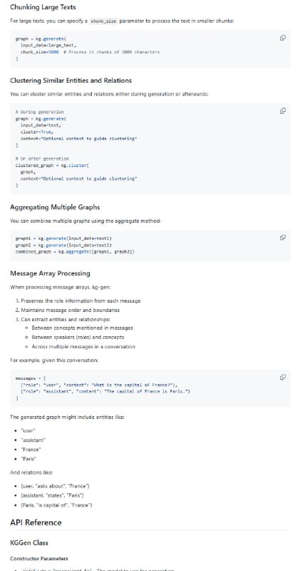 从任何文本中提取知识图谱的AI工具支持多种输入格式，包括纯文本和对话消息；自动分块处理长文本，支持高达5000字符的分块；聚类相似实体和关系，让知识图谱更简洁易懂kg-gen | #工具