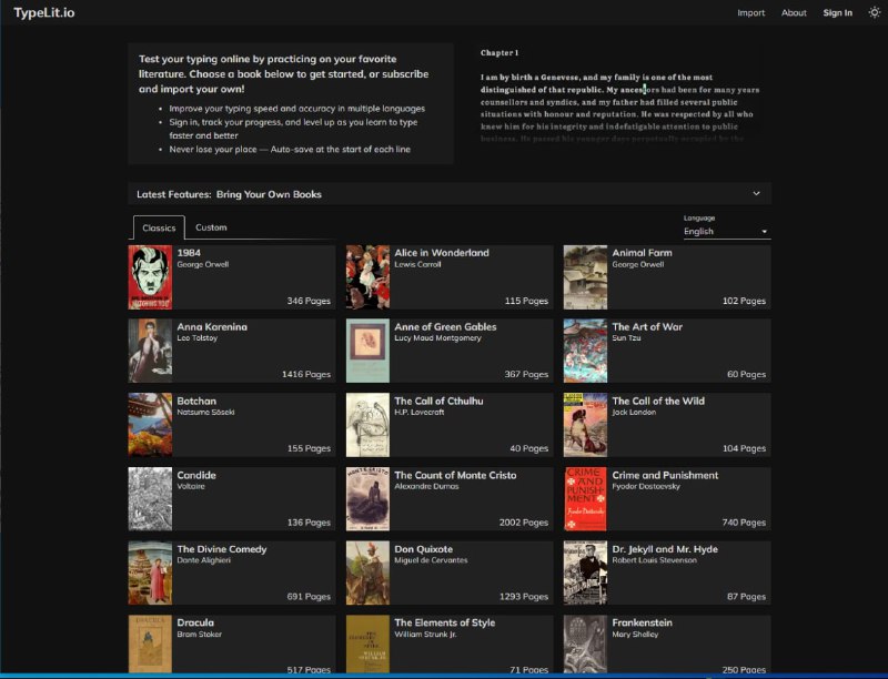 TypeLit.io，一个打字练习网站，特点是练习内容都是名著，主要是英语，另外还有法德俄意荷葡西内容，可以注册登录保留进度，有夜间/白天模式