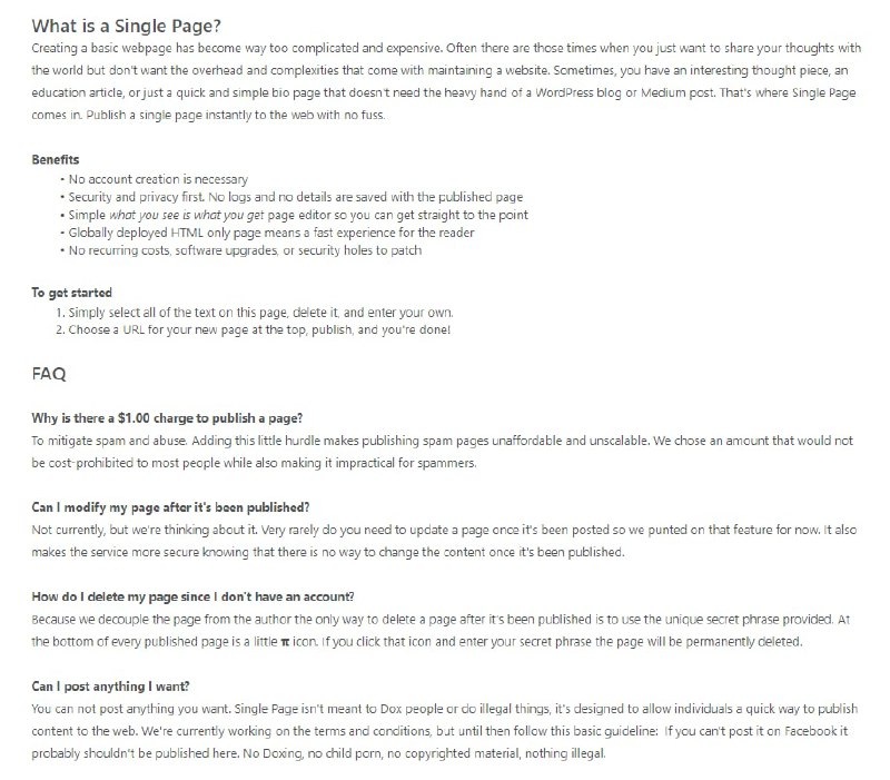 Single Page ：快速匿名，将页面发布到网络