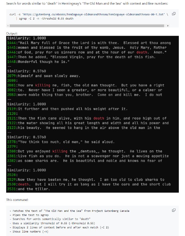 使用词嵌入进行语义搜索的命令行工具，能找到与查询语义相似的匹配项，超越了简单的字符串匹配Semantic Grep | #命令行 #工具