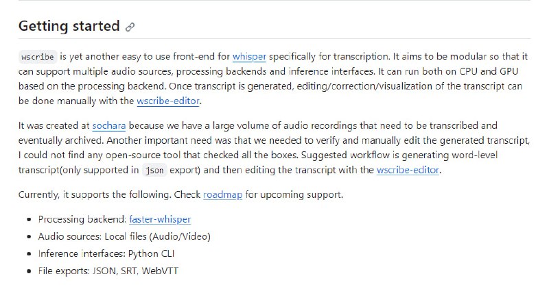 开源语音到文字转换工具，whisper前端，提供了灵活的处理和后处理选项wscribe | #工具开源语音到文字转换工具，whisper前端，提供了灵活的处理和后处理选项wscribe | #工具