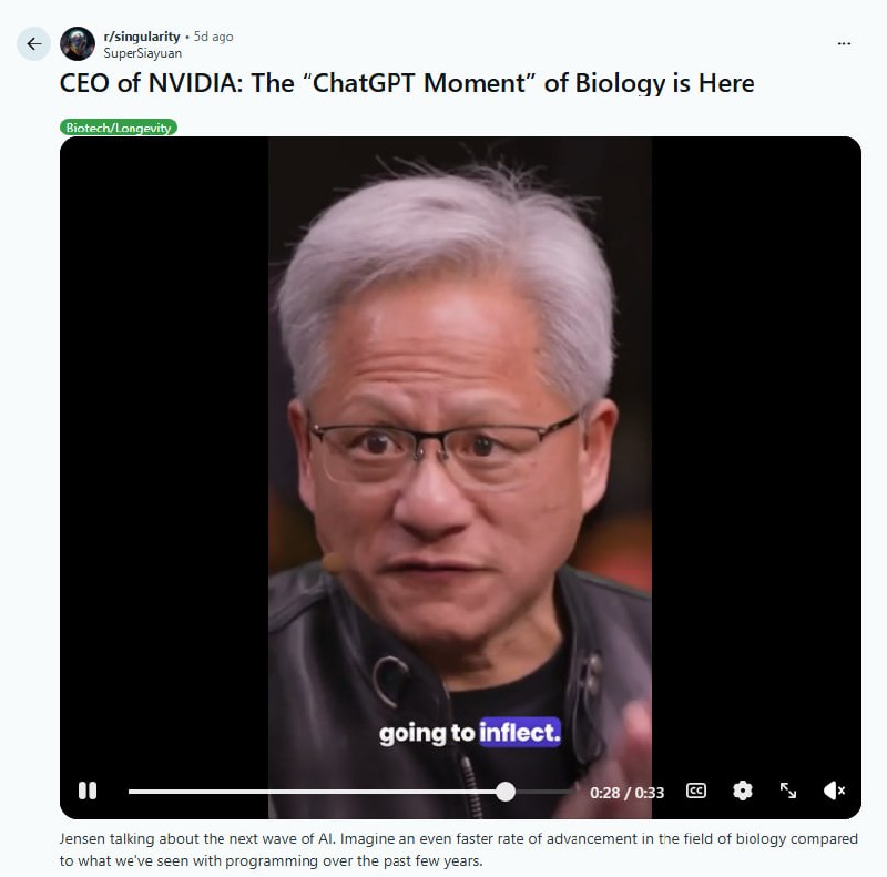 英伟达CEO：生物学的ChatGPT时刻即将到来 | 帖子Jensen Huang站在镜头前，用他标志性的皮夹克和自信语调宣告：“生物学的ChatGPT时刻就在眼前，可能是2-3年，也许5年