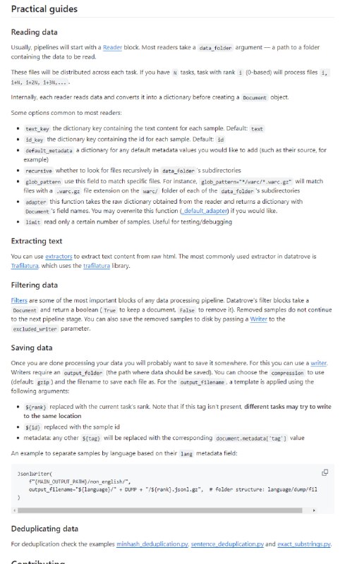 DataTrove 是一个用于大规模处理、过滤和删除重复文本数据的库