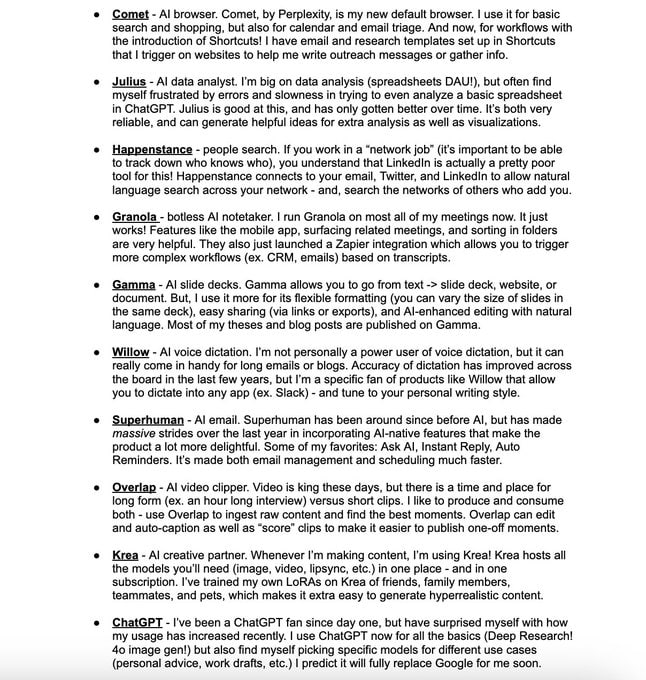 作为a16z的 AI 合作伙伴，Olivia Moore 分享了她每周甚至每日实际使用的核心 AI 工具栈，以及目前正在测试的潜力新品，极具参考价值 | 推特贴文核心 AI 工具栈：• Comet - AI 浏览器，集搜索、购物、日历及邮件筛选于一体，支持快捷操作及模板自动化