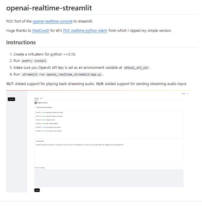 openai-realtime-streamlit：将OpenAI的实时对话控制台移植到Streamlit，实现更直观的交互体验，支持音频流的发送和播放