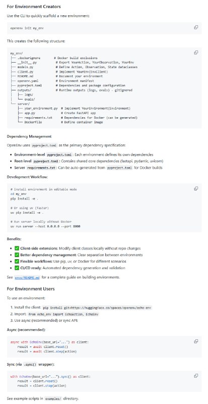 在线强化学习训练环境开发、部署总是琢磨如何隔离安全运行，有没有简单统一的接口和工具呢？OpenEnv 是一个基于 Gymnasium 风格 API 的代理式执行环境接口库，助力 RL 训练后环境的创建和管理