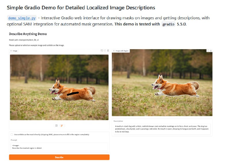 Describe Anything：让图像和视频描述变得前所未有的详细和精准仅需在视频中的一帧上标注，即可生成整个视频的详细描述；支持多种输入方式，如点、框、涂鸦和掩码；提供OpenAI兼容API，方便集成到现有系统Describe Anything：让图像和视频描述变得前所未有的详细和精准仅需在视频中的一帧上标注，即可生成整个视频的详细描述；支持多种输入方式，如点、框、涂鸦和掩码；提供OpenAI兼容API，方便集成到现有系统