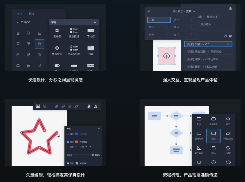 一个原型设计工具，提供了多种可视化组件，并支持实时协作编辑，版本跟踪等特性