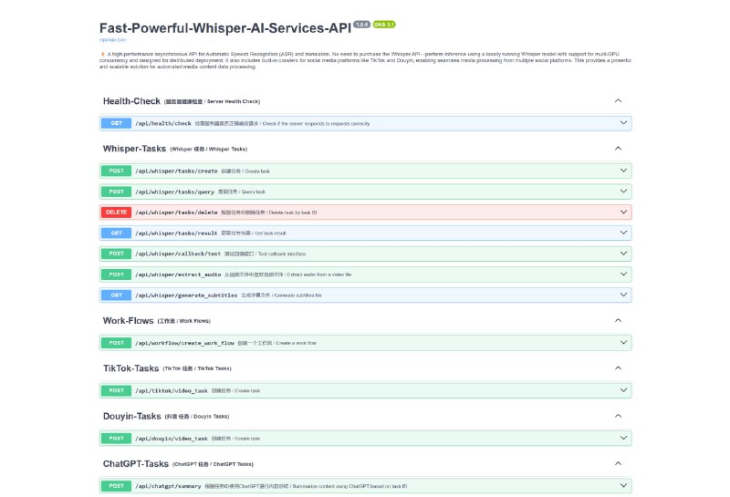 旨在构建一个强大、高性能的异步 Whisper 服务 API，支持高扩展性和分布式处理需求，适用于大规模自动语音识别场景，并集成了多平台爬虫，如抖音和 TikTok🌟 项目特色异步设计 ：基于Python 3.11的 asyncio 异步特性，所有模块都使用异步特性进行编写，实现请求的高效处理，提升整体系统的稳定性和高并发能力