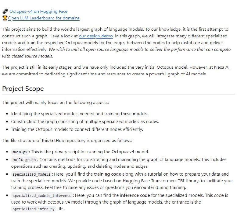 Graph of Language Models：旨在构建世界上最大的语言模型图谱，通过整合多种专业模型并训练Octopus模型以高效连接这些模型，以期达到与闭源模型相竞争的性能