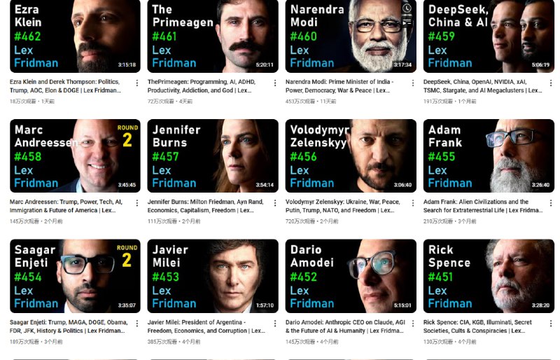 从头开始学习人工智能的10个YouTube 频道Andrej Karpathy：深入且平易近人的深度学习、大型语言模型 (LLM) 和神经网络入门课程系列讲座Serrano Academy (Luis Serrano)：清晰易懂地讲解机器学习、深度学习和人工智能领域的最新进展Jeremy Howard：提供实用的深度学习课程和人工智能驱动的Web应用程序教程3Blue1Brown：以令人惊叹的可视化效果，将抽象的数学概念变得直观易懂StatQuest with Joshua Starmer PhD：为初学者友好地讲解机器学习和统计学的相关知识Lex Fridman：与人工智能领域领袖的深度对话，提供对该领域更广泛的视角Hamel Husain：提供关于大型语言模型 (LLM)、RAG (检索增强生成)、微调和人工智能评估的实践课程Jason Liu：由专家主讲的关于RAG (检索增强生成) 的讲座，以及面向机器学习开发者的AI自由职业技巧Machine Learning Street Talk：与顶尖人工智能研究人员进行技术性的深入探讨和讨论Dave Ebbelaar：提供关于构建人工智能系统和实际应用的实用指南从头开始学习人工智能的10个YouTube 频道Andrej Karpathy：深入且平易近人的深度学习、大型语言模型 (LLM) 和神经网络入门课程系列讲座Serrano Academy (Luis Serrano)：清晰易懂地讲解机器学习、深度学习和人工智能领域的最新进展Jeremy Howard：提供实用的深度学习课程和人工智能驱动的Web应用程序教程3Blue1Brown：以令人惊叹的可视化效果，将抽象的数学概念变得直观易懂StatQuest with Joshua Starmer PhD：为初学者友好地讲解机器学习和统计学的相关知识Lex Fridman：与人工智能领域领袖的深度对话，提供对该领域更广泛的视角Hamel Husain：提供关于大型语言模型 (LLM)、RAG (检索增强生成)、微调和人工智能评估的实践课程Jason Liu：由专家主讲的关于RAG (检索增强生成) 的讲座，以及面向机器学习开发者的AI自由职业技巧Machine Learning Street Talk：与顶尖人工智能研究人员进行技术性的深入探讨和讨论Dave Ebbelaar：提供关于构建人工智能系统和实际应用的实用指南