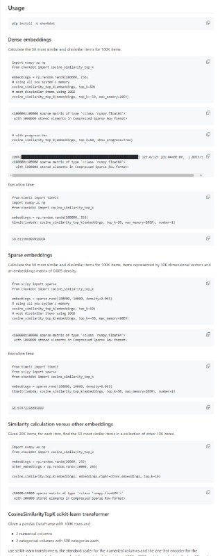 ChunkDot - 矩阵计算库：多线程矩阵乘法和余弦相似度计算工具，适用于密集和稀疏矩阵，通过分块项目矩阵表示（嵌入）和使用Numba加速计算，快速计算大量项目中最相似的K个项目
