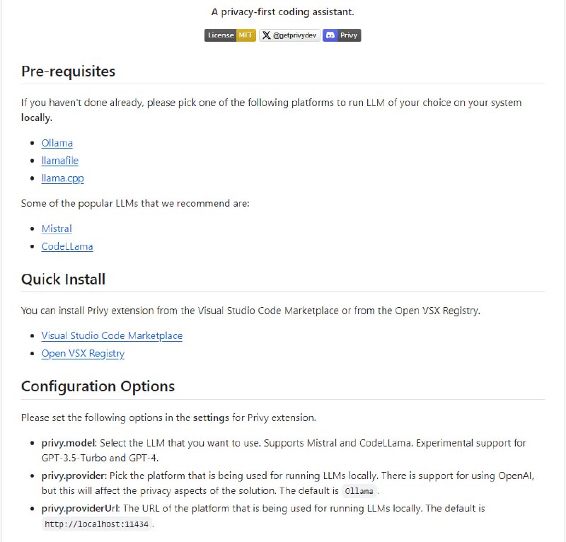 Privy：注重隐私的编程助手，可在本地系统上运行候选平台的LLM(语言模型)，可以选择Mistral、CodeLLama等热门的LLM