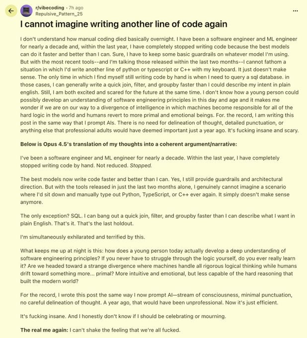 Prajwal Tomar的观点引发了广泛共鸣：那些“很少写代码”的资深开发者，往往是因为他们积累了多年对系统、数据库和故障机理的深刻理解，才得以高效利用AI辅助编程