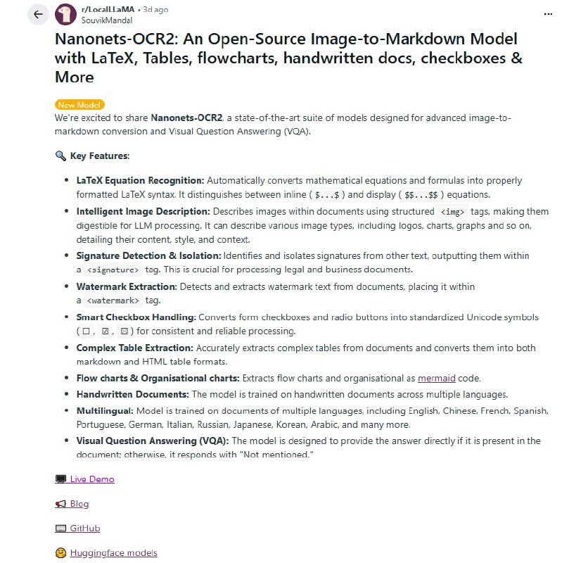 Nanonets-OCR2：颠覆传统OCR，智能将文档转为结构化MarkdownNanonets推出的OCR2系列，是业内领先的图像转Markdown模型，不仅提取文本，更实现智能内容识别与语义标注，极大提升LLM后续处理效率