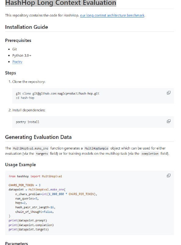 为大型语言模型设计的长文本上下文评估工具，支持生成和训练多跳推理任务，特色在于能够处理高达百万字符的长文本HashHop Long Context Evaluation | #工具