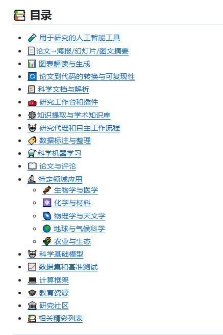 Awesome Al for Science - 科学领域的AI资源汇总这是一个由ai-boost维护的GitHub仓库，汇总了用于加速科学发现的AI工具、库、论文、数据集和框架，覆盖物理、化学、生物等多学科，包含20+分类资源