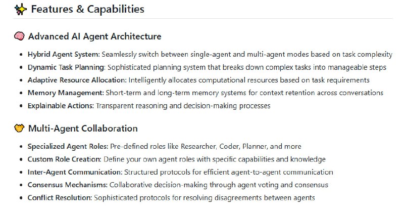 一个开源的AI Agent框架，旨在通过自然语言指令执行复杂任务、多Agent协作解决问题、与网络服务、文档和代码交互、处理多模态输入（文本、图像、音频）以及适应不同领域和用例