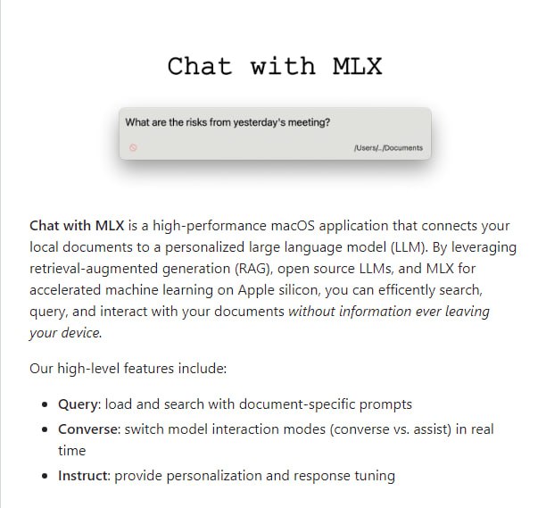 Chat with MLX：高性能的macOS应用，将本地文档与一个个性化大型语言模型(LLM)连接起来