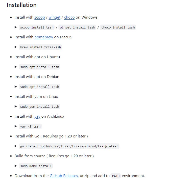 SSH客户端的替代品，除了提供标准功能外，还增加了诸如登录提示、trzsz(trz / tsz)、批量登录、记住密码、zmodem(rz / sz)等实用功能trzsz-ssh ( tssh ) | #替代品
