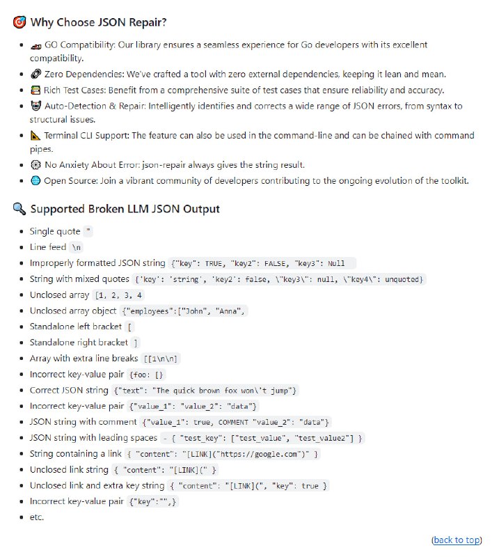 JSON修复工具：为大型语言模型（LLM）处理过程中遇到的棘手JSON异常提供解决方案，是Go开发者的瑞士军刀，确保JSON数据的准确性和可靠性json-repair | #工具