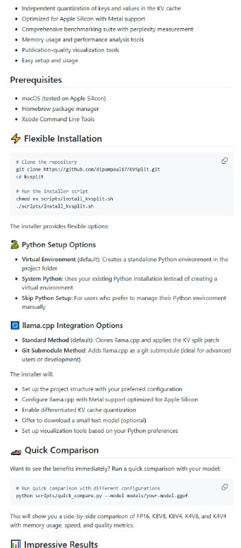 KVSplit：让你的Mac运行更大语言模型、更长上下文8位键+4位值的差异化精度，内存减少59%；性能提升，比FP16快5.7%；3. 专为M1/M2/M3 Mac优化，支持MetalKVSplit：让你的Mac运行更大语言模型、更长上下文8位键+4位值的差异化精度，内存减少59%；性能提升，比FP16快5.7%；3. 专为M1/M2/M3 Mac优化，支持Metal