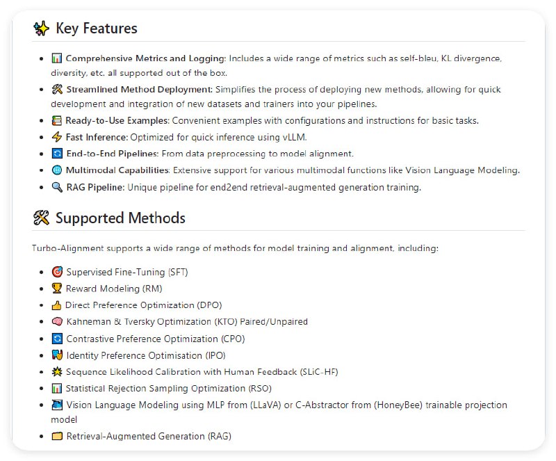 Turbo-Alignment：专门用于大型语言模型微调和对齐的库，它提供了一系列高效和可扩展的技术，以及广泛的支持方法和指标，旨在简化模型的训练和部署过程