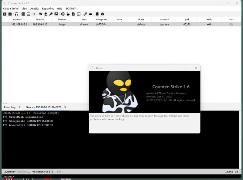 绕过一切扫描，加强版CS发布 ｜linkFeatures1.分离Client与TeamServer2.去除Java端与Beacon端验证暗桩（javaasist、文件完整性校验、WarterMark验证、水印）3.更改checksum8以及CVE-2022-233174.更改Beacon Config结构体，使得不使用SleepMask也无法扫描出特征5.修改Beacon Config的XOR KEY为不同KEY异或两次，使自动化的扫描工具无法爆破密钥解密配置6.可以调整常用的内置功能模块为注入自己7.增加Beacon初始化阶段获取的MetaData信息，Java端再次验证，不通过不显示上线信息，防止被RCE8.添加 Google TOTP 双因子认证9.Bypass CS 给Beacon端执行任务时传输文件的1M大小限制（社区版只修改了反射DLL的限制）10.更改本地连接信息文件名字，防止被读取11.低版本Windows Java TLS问题修复12.CVE-2022-39197，CS RCE，修复13.修改默认登录认证的header标志位数据和验证成功的返回数据头部标志数据, 规避爆破脚本扫描14.升级SleepMask，市面上没有东西可以扫描（profile中不可开启sleepmask）15.ja3/ja3s | jarm 指纹修改