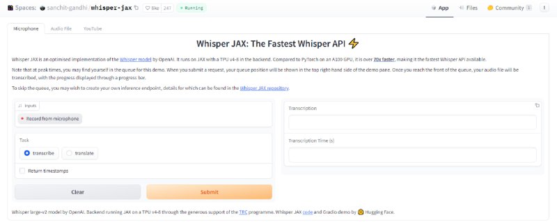 Whisper JAX：这是一个对OpenAI开源的Whisper模型网页链接 的优化版本，它针对GPU和TPU做了优化，性能提升了70倍，最快1小时的音频15秒能完成转录！提速的关键：1. 批量处理Transformers 实现了一种批处理算法，其中单个音频样本被分成 30 秒的片段，然后分批转录这些块