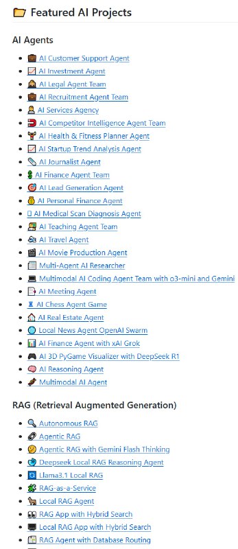 Awesome LLM Apps这个GitHub项目主要收集了使用大型语言模型(LLM)构建的各种应用程序，目的就是展示和分享那些结合了RAG(检索增强生成)和AI智能体技术的优秀LLM应用案例